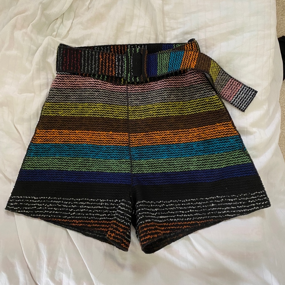 N/Nicholas Black Multi Color Striped High Waist Fabric Belt Shorts XS